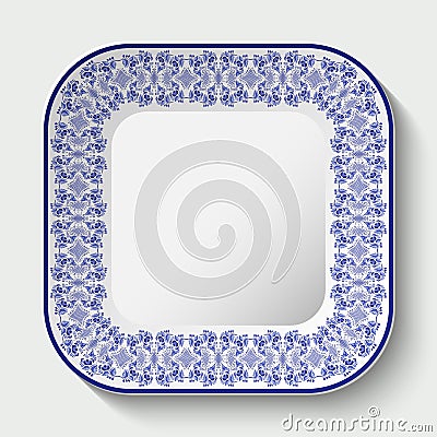 Decorative square plate with ornament in Gzhel style of national painting on porcelain. Vector Illustration