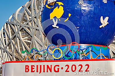 Decorative stand promoting the Beijing Winter Olympic 2022 in Beijing, China Editorial Stock Photo