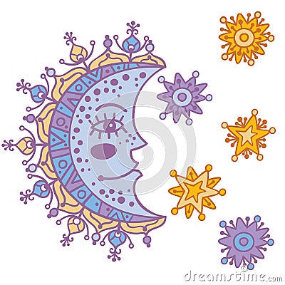 Decorative stars and the moon with human face Vector Illustration