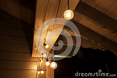 Decorative outdoor string lights hanging on tree in the garden at night time Stock Photo