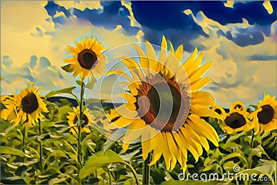 Decorative sunflowers in the field with beautiful clouds and blue sky. Abstract art. Ipad pro drawing Stock Photo