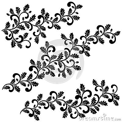 Decorative swirling oak branches with leaves and acorns isolated on white background. Ideal for stencil. Vector Illustration