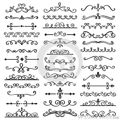 Decorative swirls dividers. Old text delimiter, calligraphic swirl border ornaments and vintage divider vector set Vector Illustration