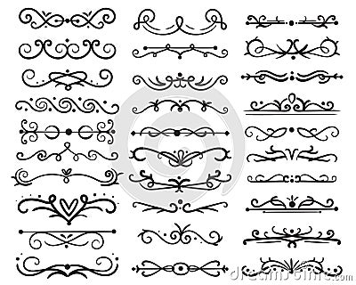 Decorative swirls dividers. Old text delimiter, calligraphic swirl ornaments and vintage divider, retro borders Vector Illustration