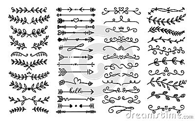 Decorative text dividers. Floral ornament border, vintage hand drawn decorations and flourish sketch calligraphic Vector Illustration