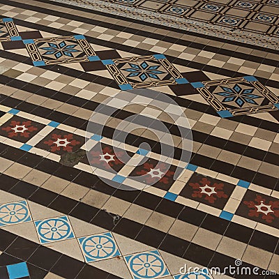 Decorative tiled floor on the inside of Ho Chi Minh City Post Office, also known as the Saigon Central Post Office, Vietnam Editorial Stock Photo