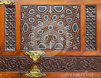 Decorative tongue and groove assembled, inlaid with ivory and ebony, Minbar of Imam Al Shafii Mosque Stock Photo