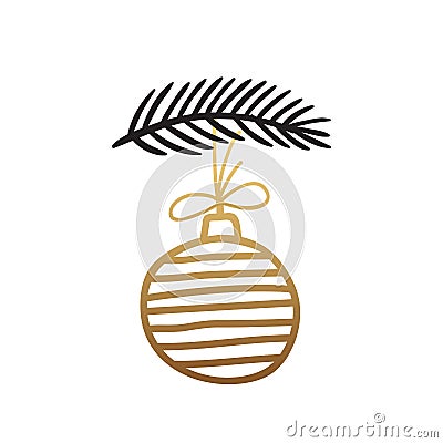 Decorative toy, golden ball in stripes weighs on a spruce branch. Symbol of Merry Christmas and Happy New Year. Vector Illustration