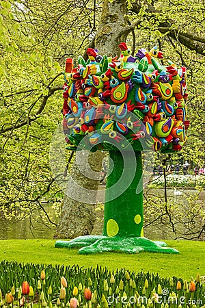 Decorative tree in tulip park Keukenhof, Holland Editorial Stock Photo