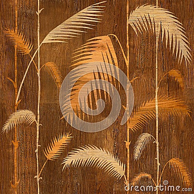 Decorative tropical botanical leaves - Interior wallpaper - wooden texture Stock Photo