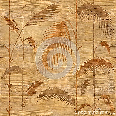 Decorative tropical botanical leaves - Interior wallpaper - wooden texture Stock Photo