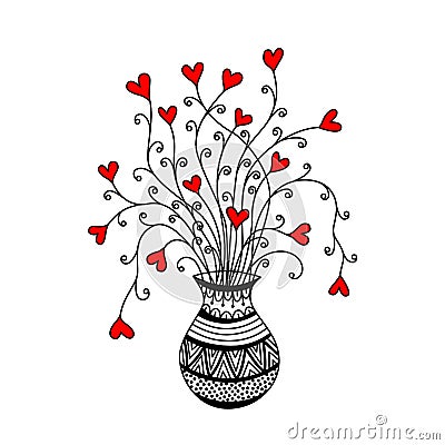 Decorative vase with cute hearts flowers Vector Illustration
