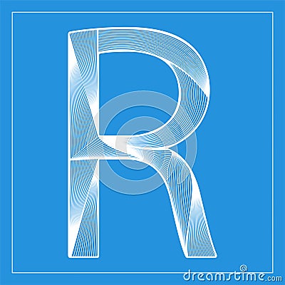 Decorative vector font. Stylized letter R. Isolated symbol on blue background. Vector Illustration