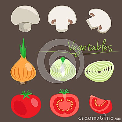 Decorative vegetables. Champignon. Onion. Tomato. Vegetables on a background. Vector Illustration