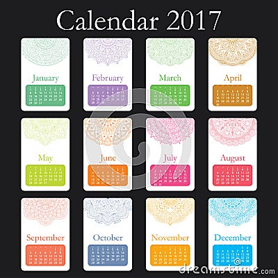 Decorative vintage calendar 2017. Oriental pattern. Vector mandala design can be used for poster, banner, card Vector Illustration