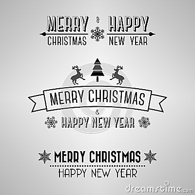 Decorative vintage Merry Christmas signs with reindeer and snowflakes Vector Illustration