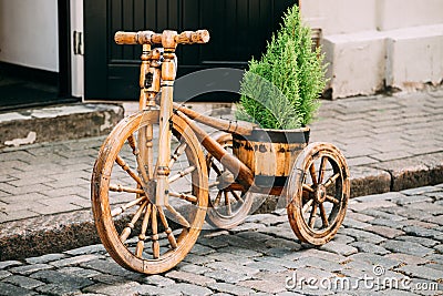 Decorative Vintage Model Old Wooden Bike Bicycle Equipped Basket Stock Photo