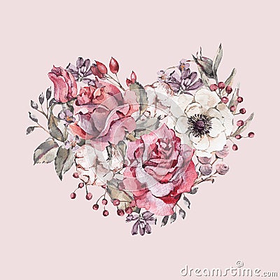 Decorative vintage watercolor floral heart of red roses Cartoon Illustration