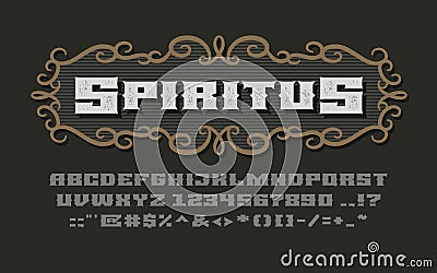 Decorative vintage wide bold serif font with vignette frame on dark background Vector Illustration