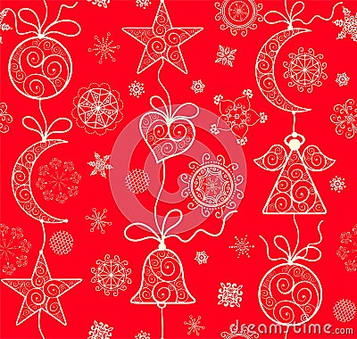 Decorative vintage xmas red wallpaper with hanging golden lacy baubles Vector Illustration