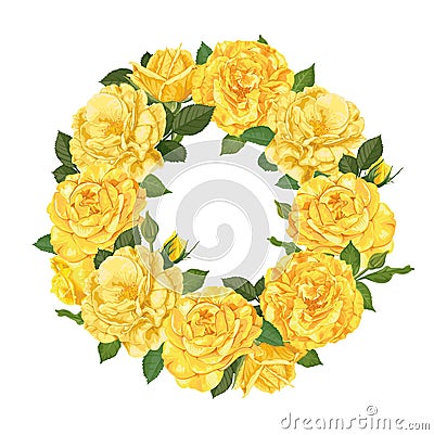 Decorative vintage yellow roses and bud with leaves in round shape. Vector Illustration