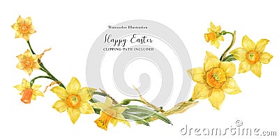 Decorative watercolor arc with yellow daffodil flowers Stock Photo