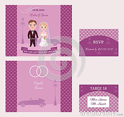 Decorative Wedding Invitation Cards Set Vector Illustration