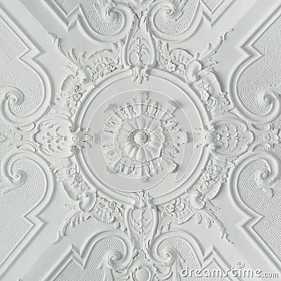 Decorative White Baroque Style Plaster Ceiling Stock Photo