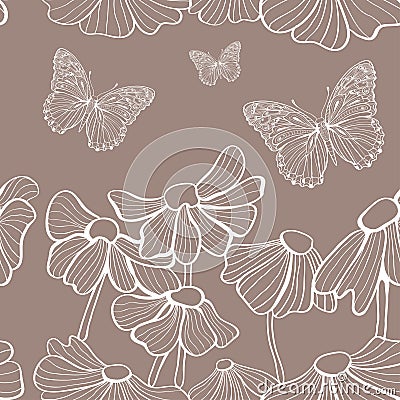 Decorative white flowers and butterfly seamless Vector Illustration