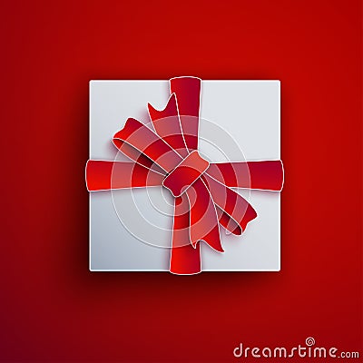 Decorative white gift box isolated on red background. Red bow, ribbon festive element for holiday design, christmas greeting card Vector Illustration