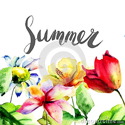 Decorative wild flowers with title Summer Cartoon Illustration