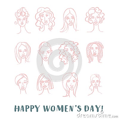 Decorative woman`s head greeting card Happy International Women`s Day Cartoon Illustration