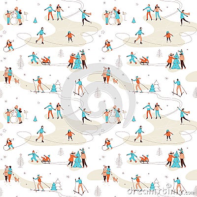 Winter sport activities seamless pattern background. Christmas decorating skiing skating fun Vector Illustration