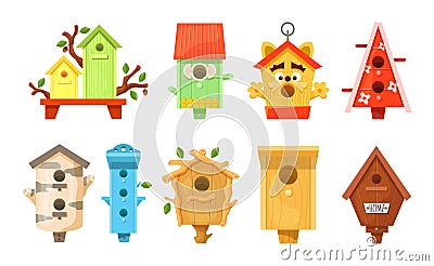 Decorative wooden spring bird houses. Garden birdhouses for feeding birds. Vector Illustration
