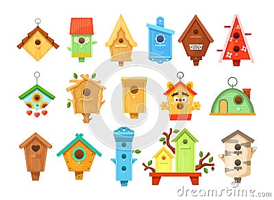 Decorative wooden spring bird houses. Garden birdhouses for feeding birds. Vector Illustration