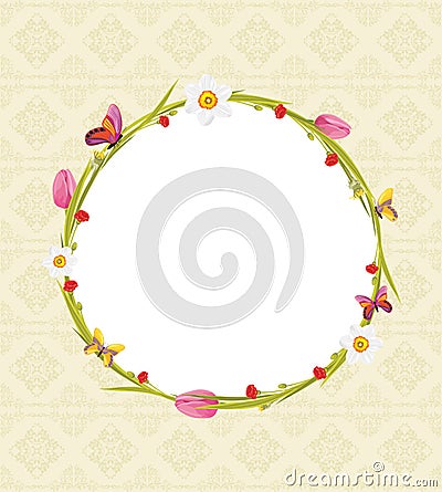 Decorative wreath with spring flowers and butterflies. Greeting card Vector Illustration