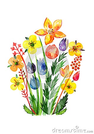 Decorative yellow flowers, Translucent overlying watercolor flower, Meadow flowers, celebration delicate watercolor bouquet Stock Photo
