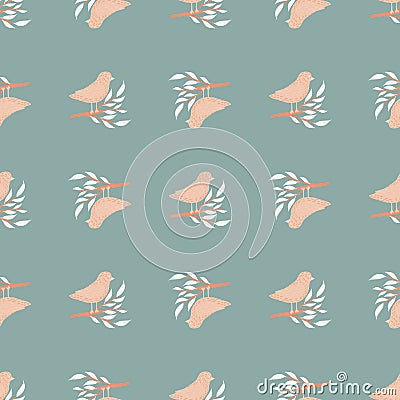 Decorative zoo seamless pattern with pastel pink simple birds shapes. Pastel blue background Vector Illustration