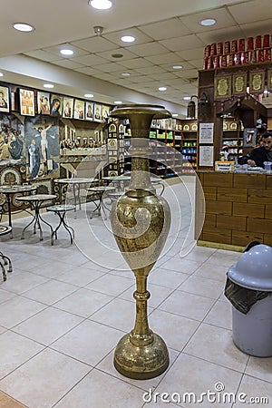 Decoratively decorated large copper vessel in a roadside shop near Kerak city in Jordan Editorial Stock Photo