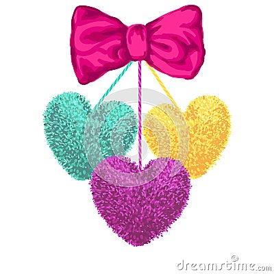 Decortive elements with pom-poms in the shape of a heart Vector Illustration