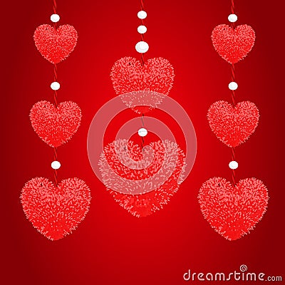 Decortive elements with pom-poms in the shape of a heart Vector Illustration