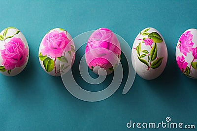 Decoupage Easter eggs, with flowered paper napkins above view Stock Photo