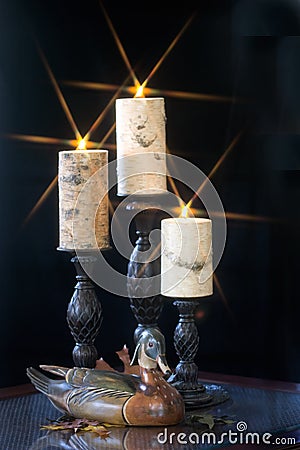 Decoy Wood Duck with candles Stock Photo