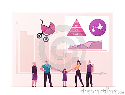 Decreasing Birth Rate, Fertility and Population Control Concept. Family with Child, Stroller and Declining Bar Graph Vector Illustration