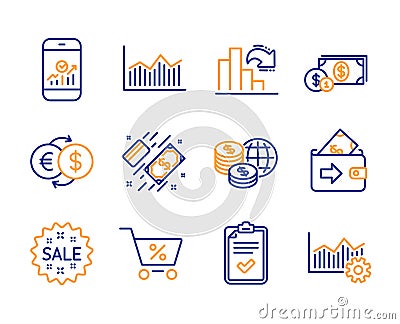 Decreasing graph, Wallet and Special offer icons set. Money diagram, Payment and Checklist signs. Vector Vector Illustration
