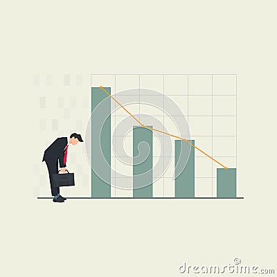 Decreasing graphic chart. Businessman limp looking the graph decline vector illustration Vector Illustration