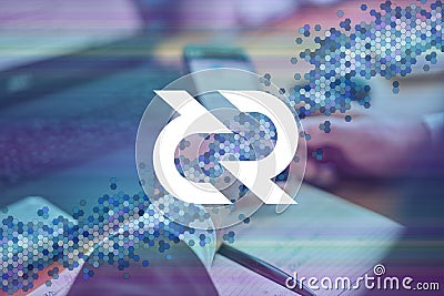 Decred, DCR cryptocurrency sign. Business person, trader, investor, analyst using mobile phone app analytics to analyze Stock Photo