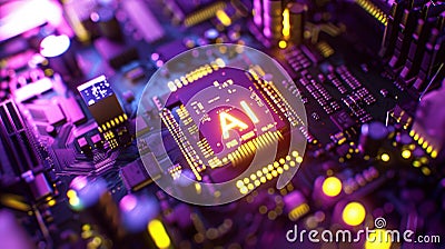 dedicated AI microchip on electric circuit board, artificial intelligence technology and GPU cloud computing concept Stock Photo