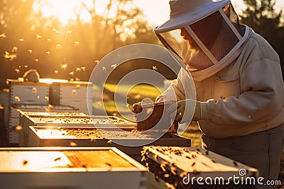 Dedicated beekeeper inspecting hive frame amidst flying bees, bathed warm glow of the setting sun Stock Photo