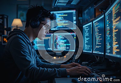 A dedicated male programmer working intently at multiple monitors, immersed in coding, with a modern workspace that Stock Photo